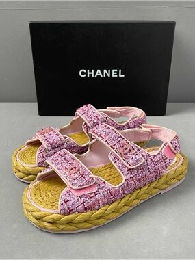 🚩steal CHANEL Pink Tweed Braided Espadrille Sandals